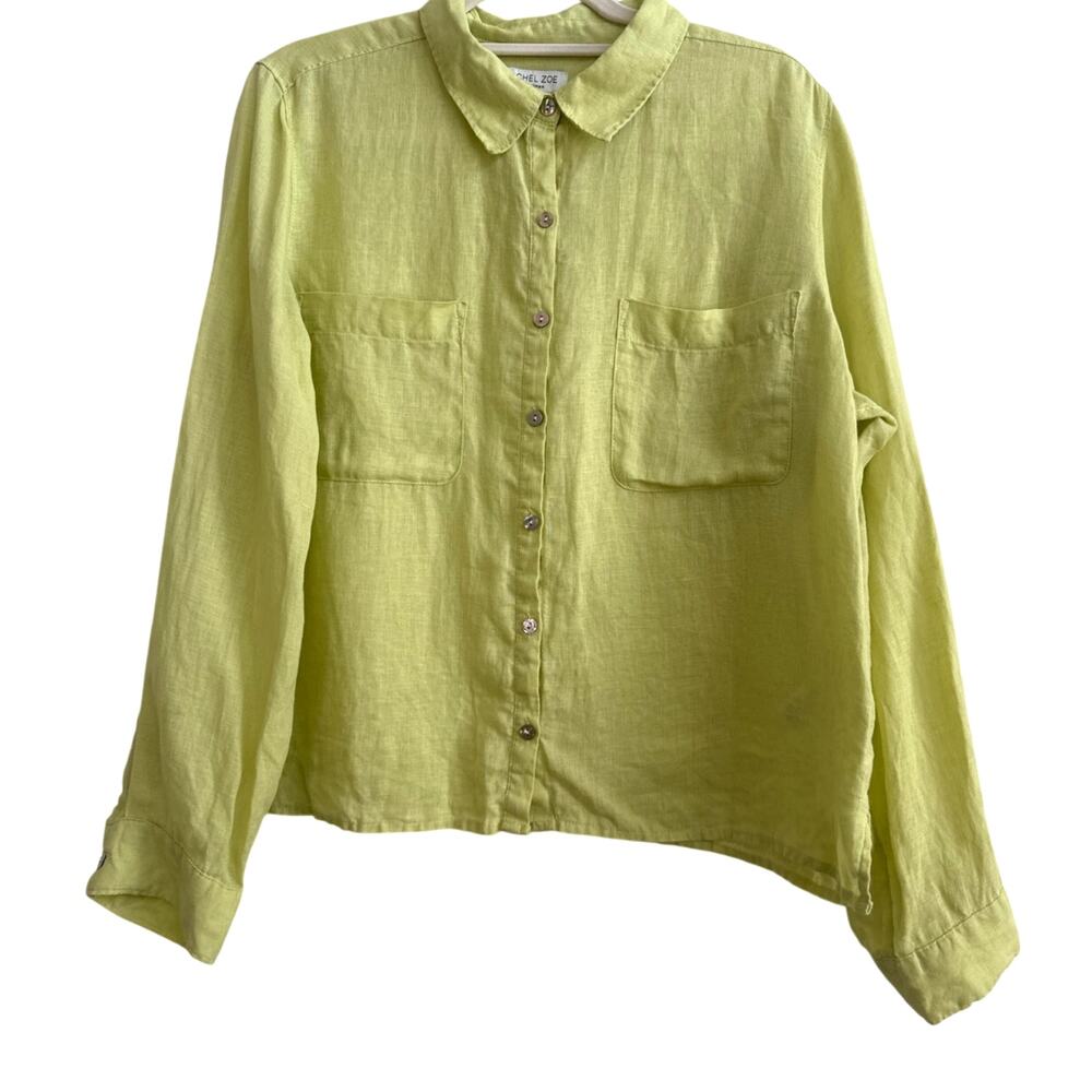 Rachel Zoe 100% Linen Green Chartreuse Collar Button Down Blouse